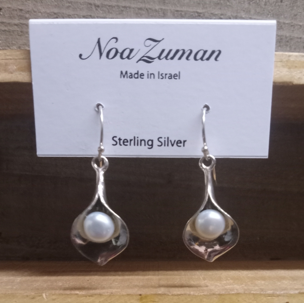 Noa Zuman Israel Sterling Silver Pearl Floral Drop Earrings
